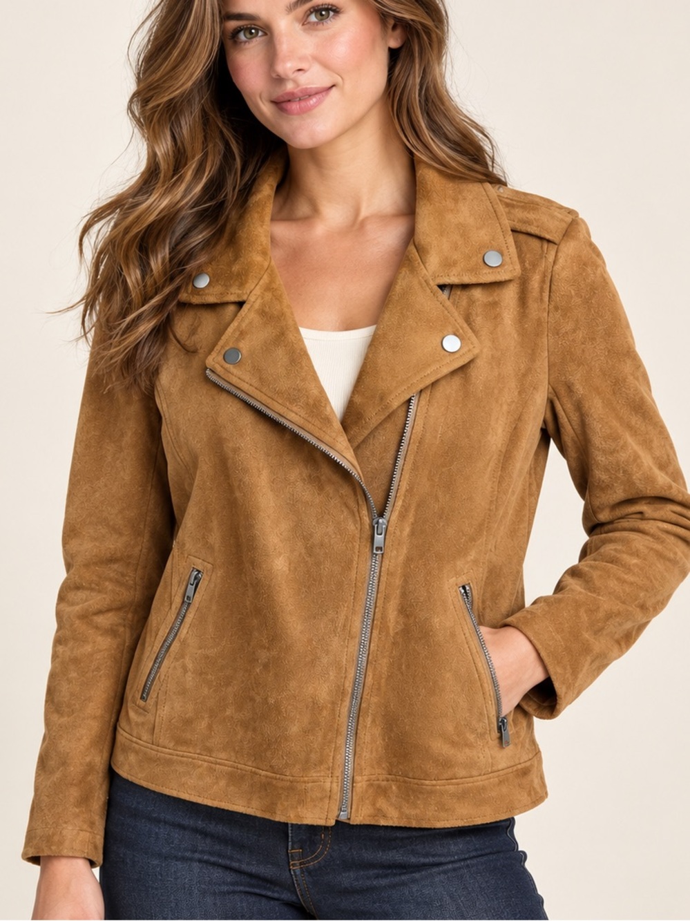 Style & Co Brown Faux Suede Moto Jacket Camel Tan Women’s Small Ourdoors Fall